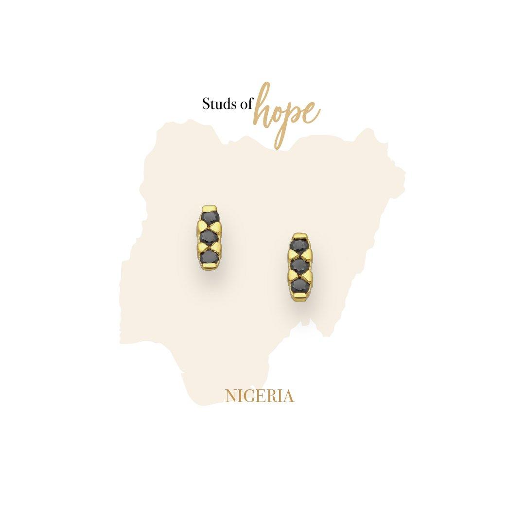 Image#1 Nigeria - Gold Black CZ Trio Sterling Silver Stud Earrings