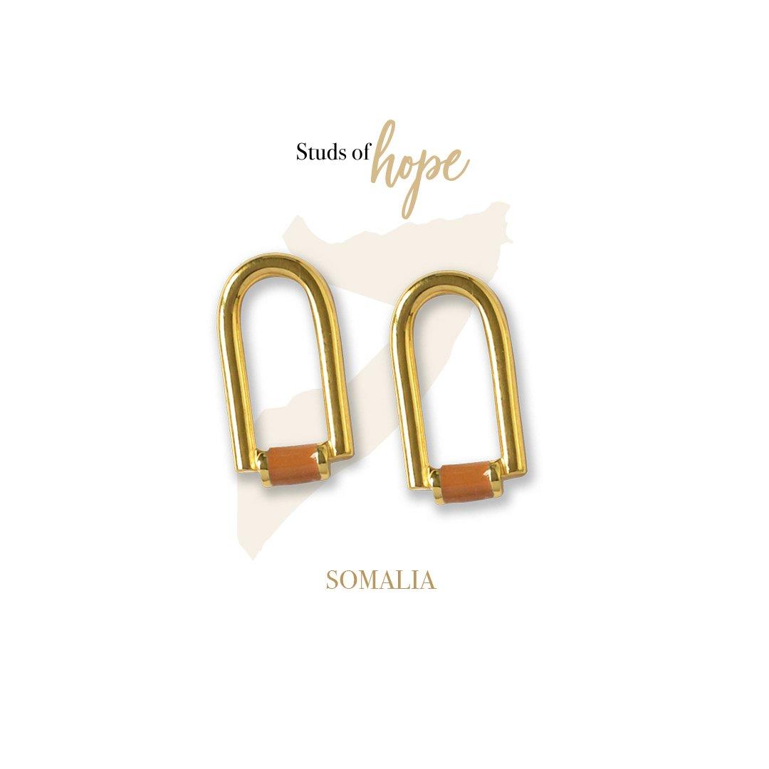 Image#1 Somalia - Brown Resin 18K Gold Plated Stirrup Stud Earrings