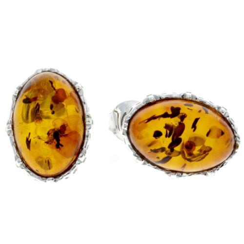Image#1 Genuine Baltic Brown Amber Classic Oval Studs Earrings