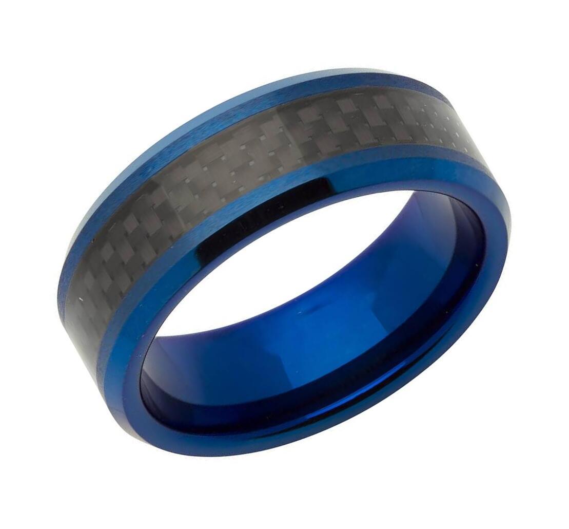 Tungsten Carbide Black Carbon Fibre Blue IP Plated 8mm Ring