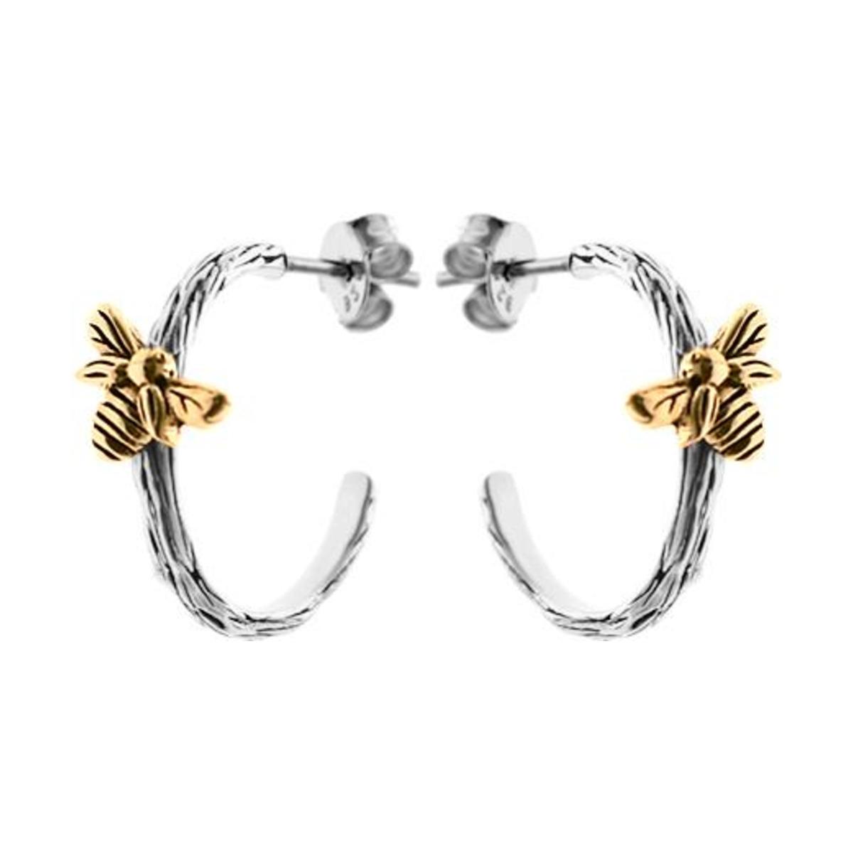 Image#1 Silver With Gold Vermeil Bee On Branch Motif Stud Top Hoop Earrings