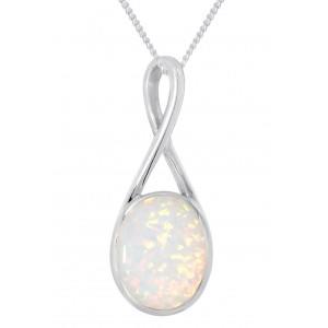 Silver White Created Opal Pendant with an adjustable Curb Chain
