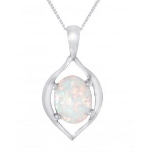 Oval Claw Set White Created Opal In Silver Frame Pendant