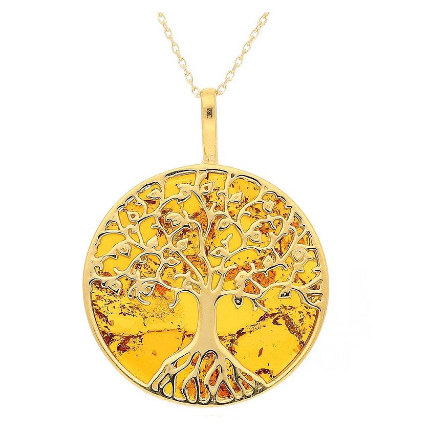 Medium Brown Amber Tree of Life Gold Pendant