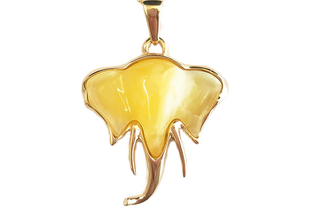 Large Gold Plated Cream Amber Elephant Head Pendant