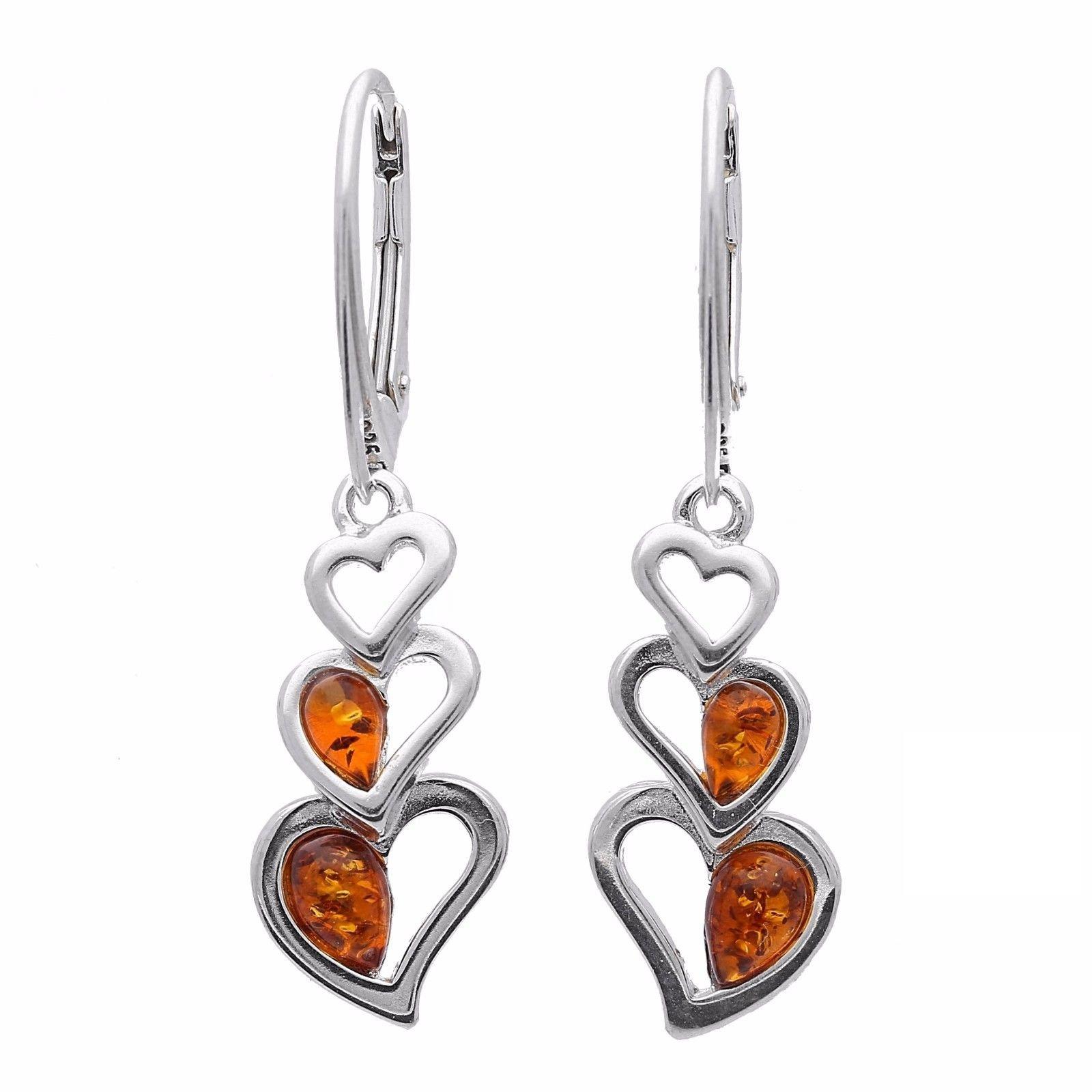 Designer Brown Amber Heart Silver Drop Earrings