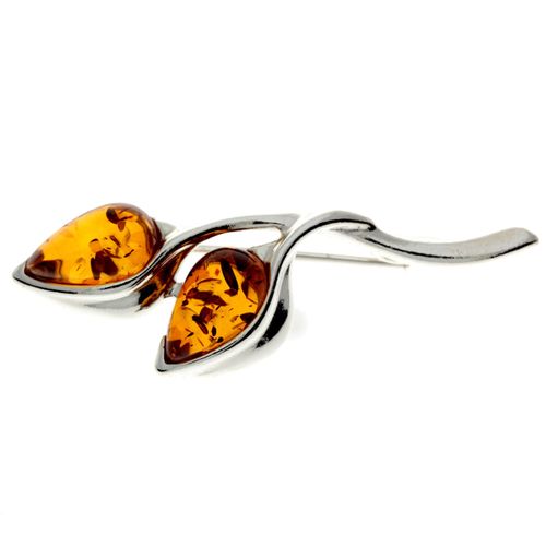 Image#1 Classic Dual Teardrop Genuine Baltic Brown Amber Brooch