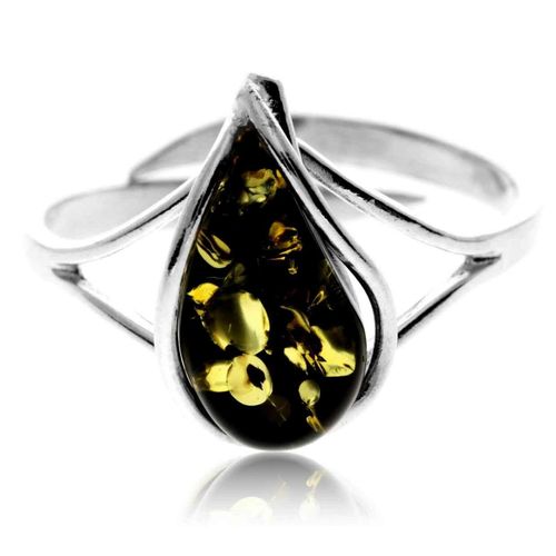 Image#1 Ornate Teardop Green Baltic Amber Adjustable Ring