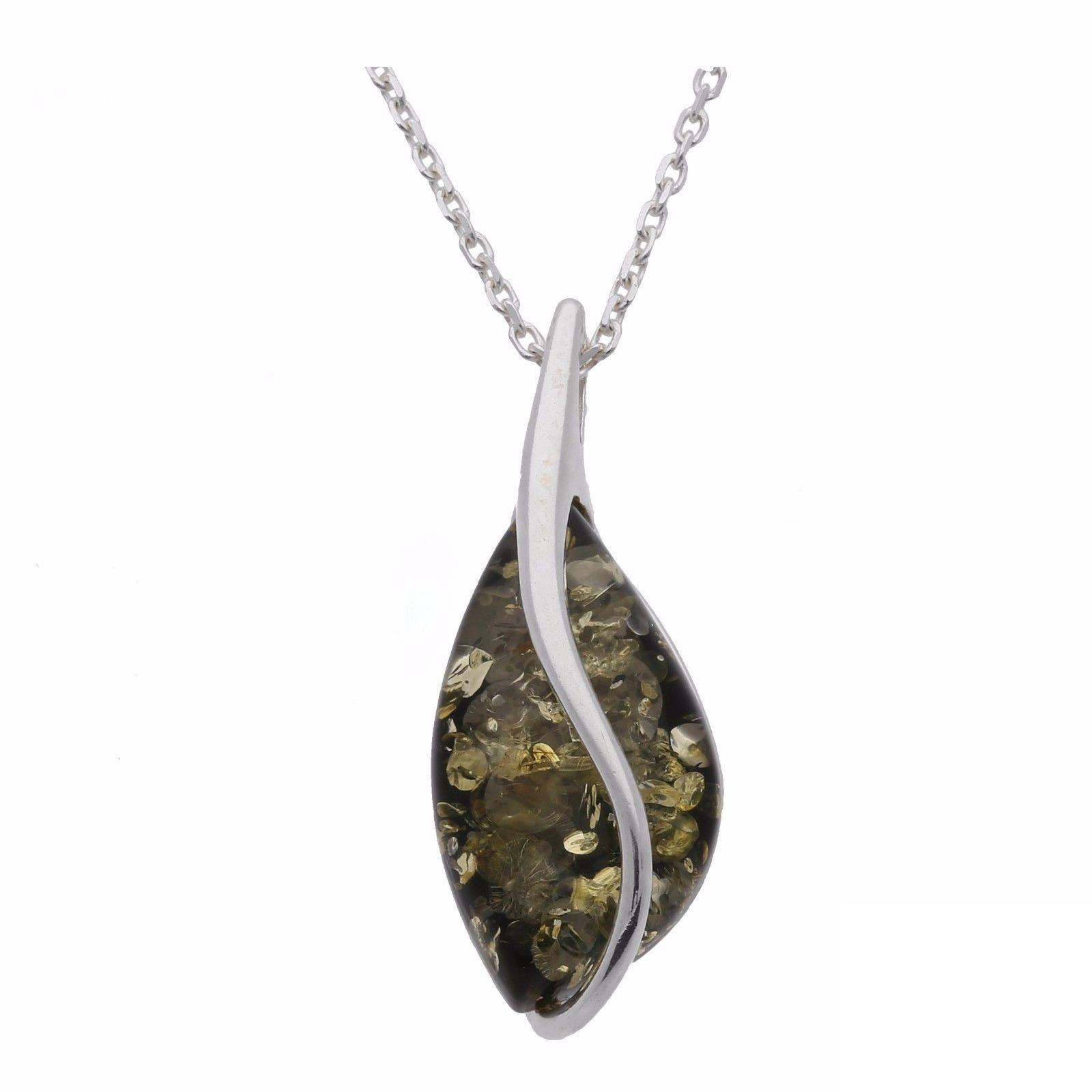 Green Amber With Silver Swirl Pendant