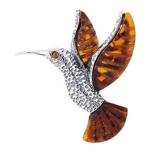 Artico Brown Amber Oxidised Silver Hummingbird Brooch