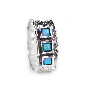 3 Square Opal Stones Silver Ring - Size N
