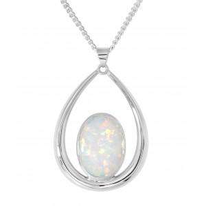 Silver White Created Opal Pendant with an adjustable Curb Chain