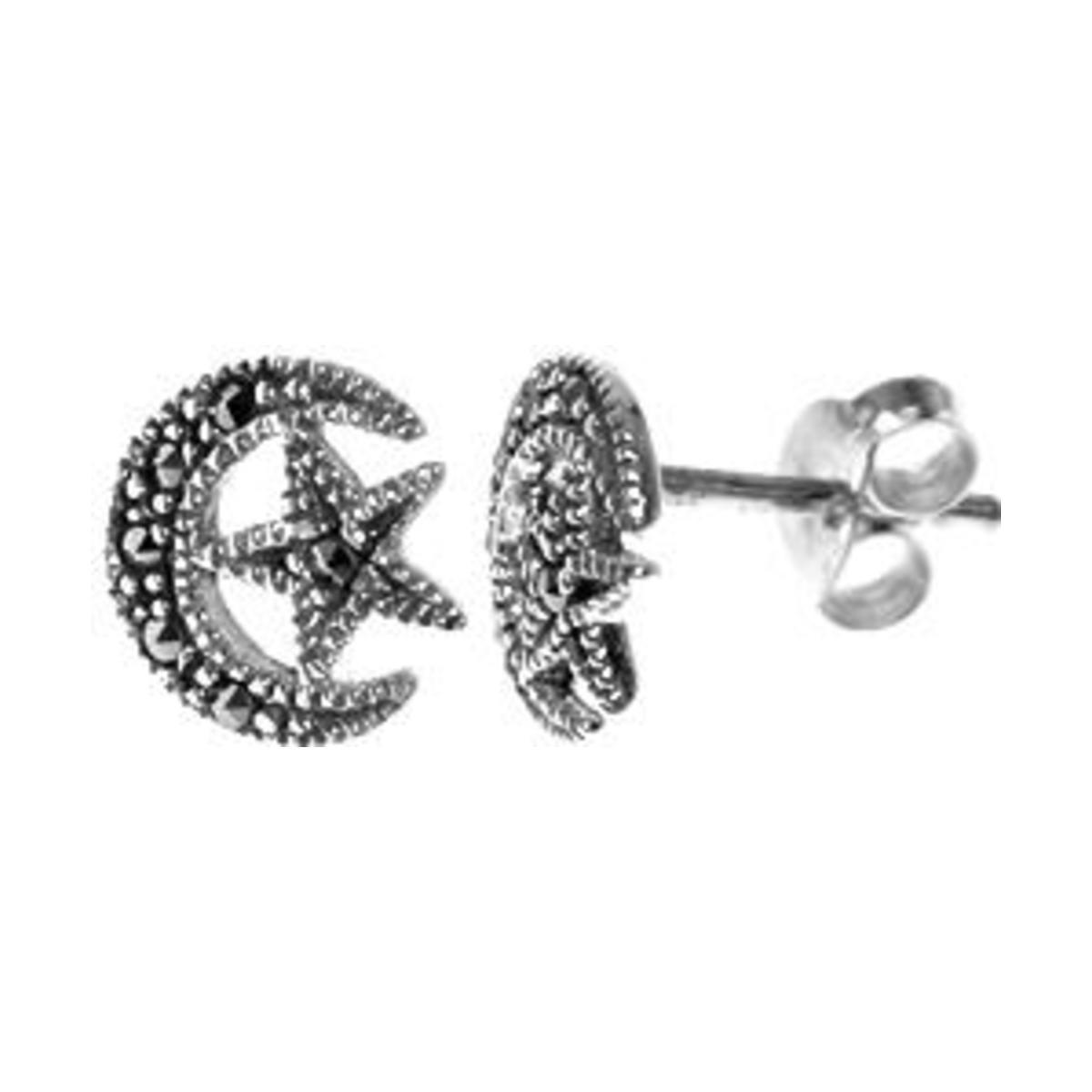 Silver & Marcasite Moon With Star Stud Earrings