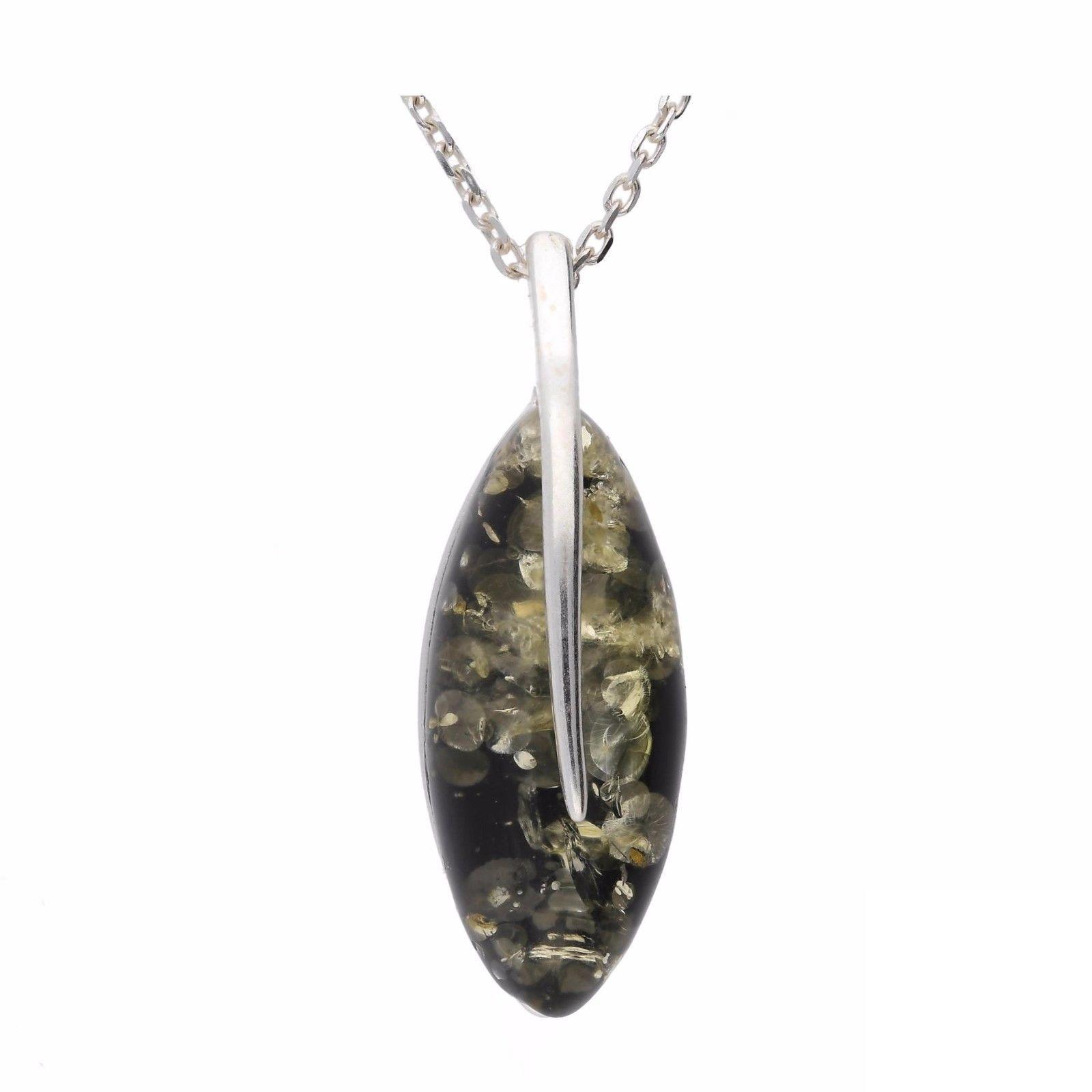 Plain Marquise Green Amber Silver Pendant