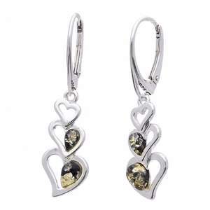 Designer Green Amber Heart Silver Drop Earrings