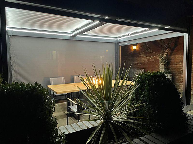 aluminium grey modern garden gazebo with motorised  louvre roof , textilene side curtain screens and led lights