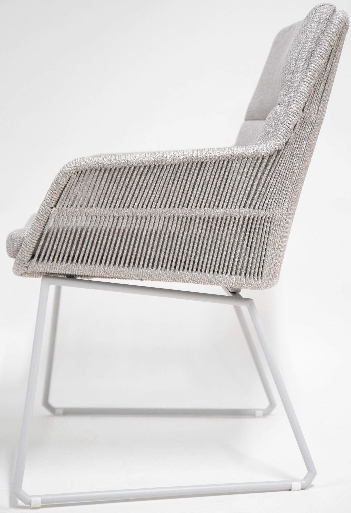 cut out of rope weave garden dining chairs with white aluminium frames for patio outdoor dining