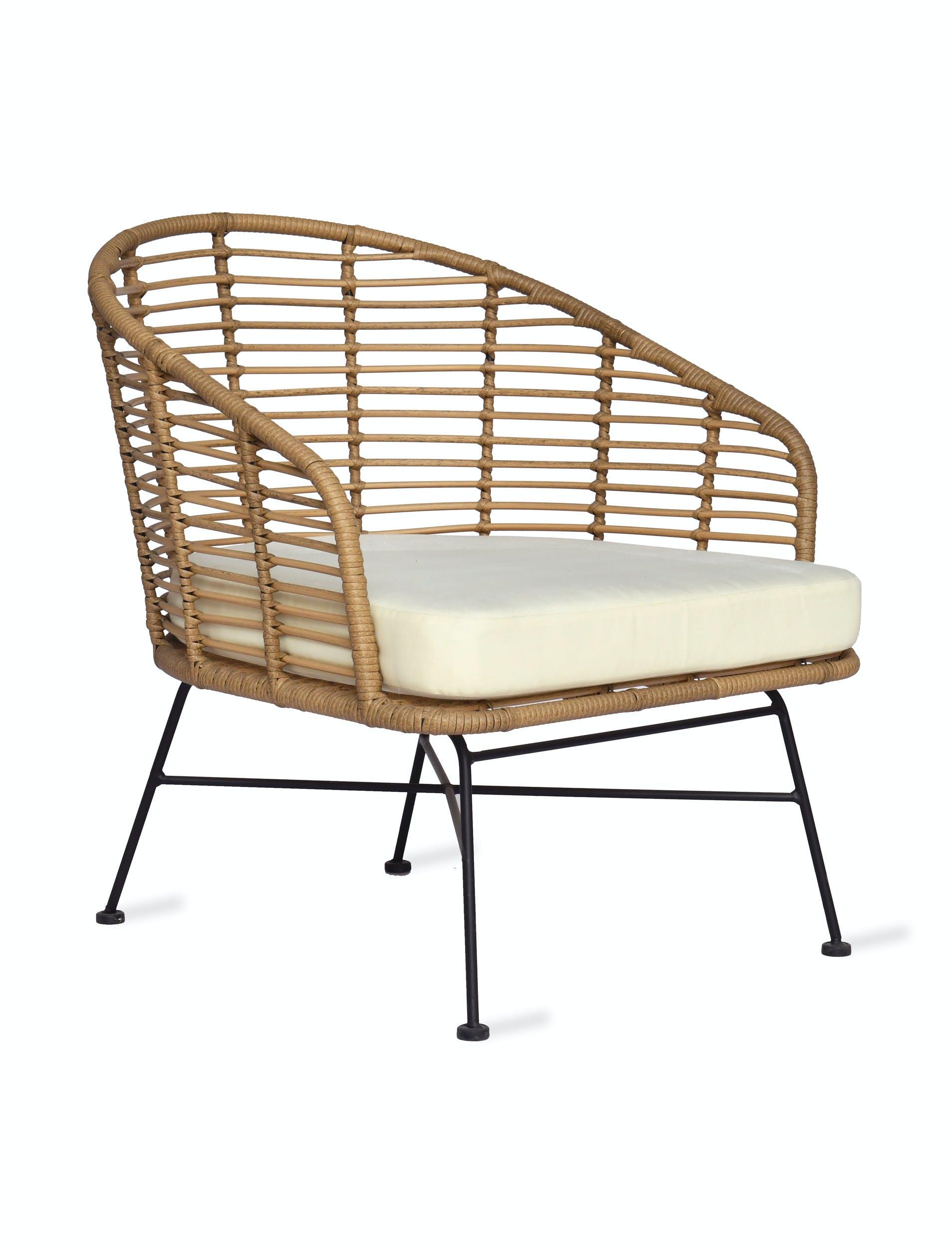 rattan bamboo weave weatherproof garden lounge armchairs with cream cushions for outdoor and indoor use