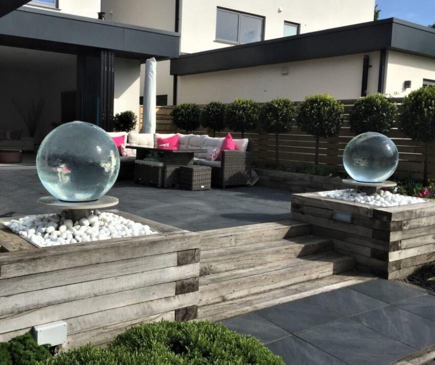 pair of acrylic glass effect modern water feature spheres with reservoir