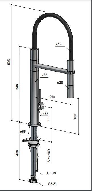 dimensions of stainless steel kitchen tap with spray hose