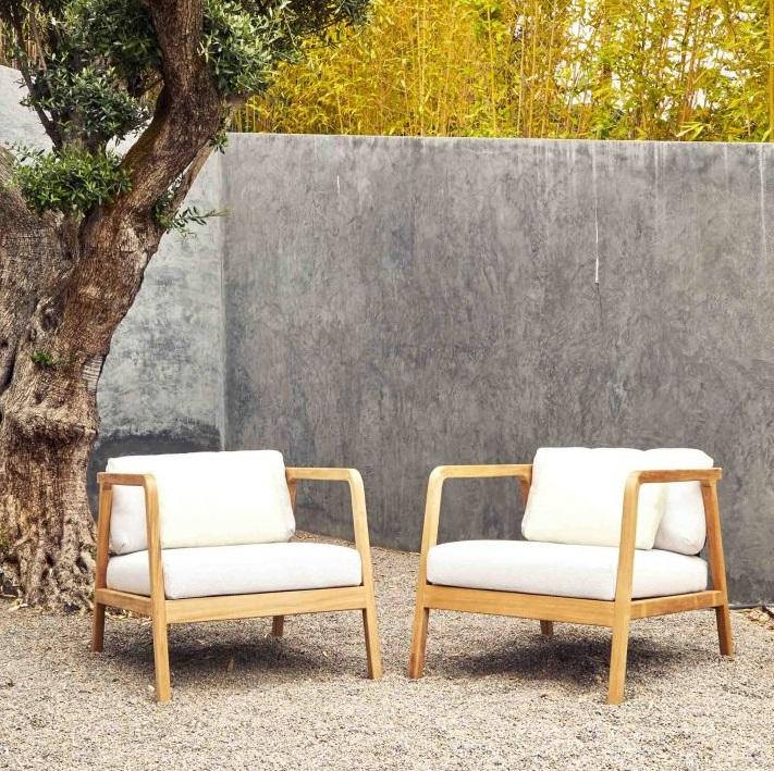 teak luxury modern garden lounge armchairs outdoor sunbrella fabric cushions