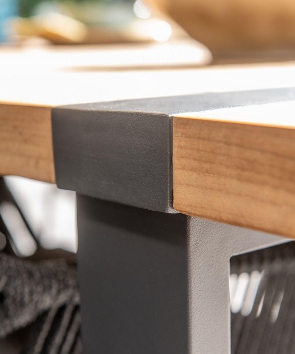 grey aluminium leg inset strip detail on 240 cm long rectangle teak garden dining table