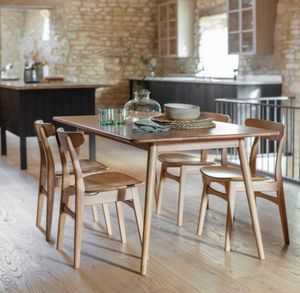 oak indoor kitchen dining table and chairs with spindle legs and spindle back design mid century vibe