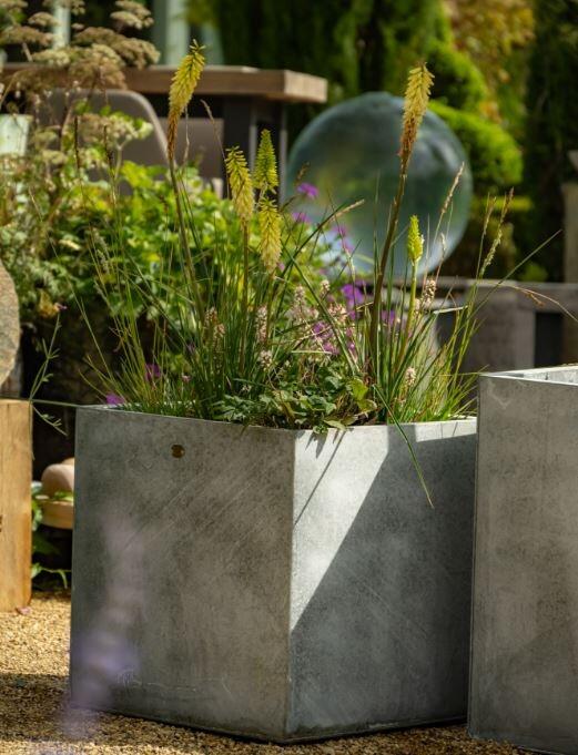 modern metal garden planters cubed square shape in galvanised zinc