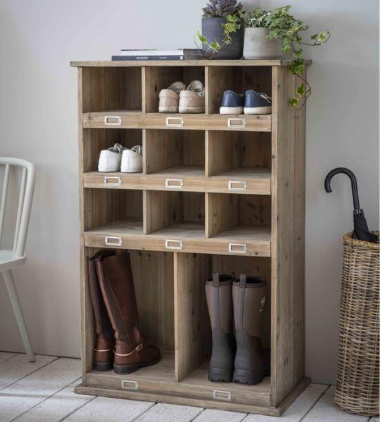 natural wood tall shoe locker and welly boot storage for hallways and boot rooms indoor use