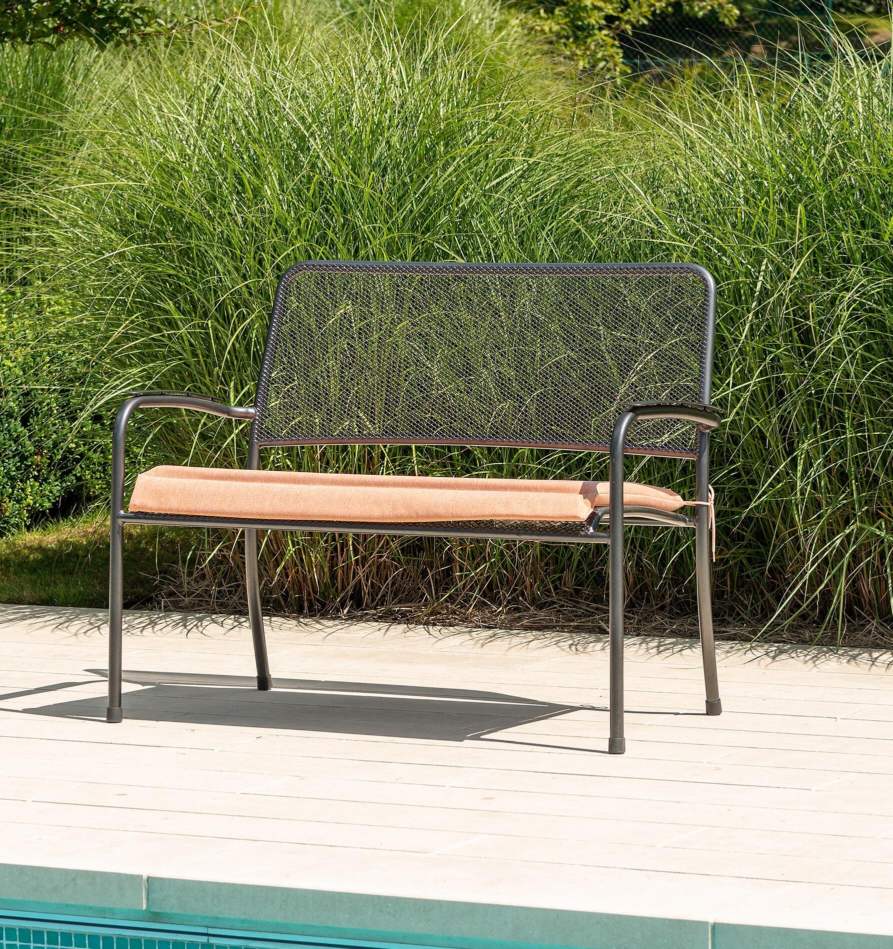modern metal garden bench outdoor patio furniture steel mesh with ochre seat cushion all weather portofino