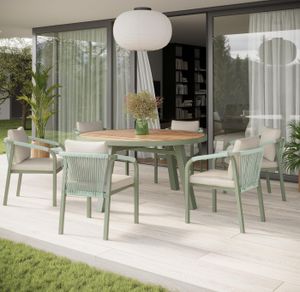 round garden dining patio table in olive green aluminium with acacia hardwood and all weather rope weave garden dining chairs and cushions