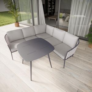 corner garden lounge sofa L shaped in rattan weave and aluminium with light grey cushions pavilion