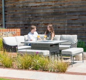 rope weave garden corner sofa casual lounge set with aluminium dining table with integrated firepit torino grey