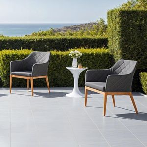 garden dining armchairs all weather sunbrella quilted fabric teak frames patio chequers
