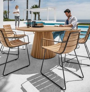 designer garden dining patio table and dining armchairs slatted teak whirl and aluminium william armchairs