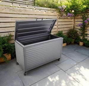 grey aluminium garden storage cushion box outdoor use modern metal weatherproof