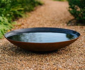 corten steel water bowl for garden outdoor use with painted interior