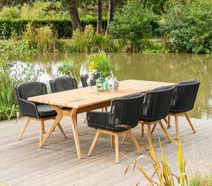 modern rope weave garden dining chairs and teak dining table