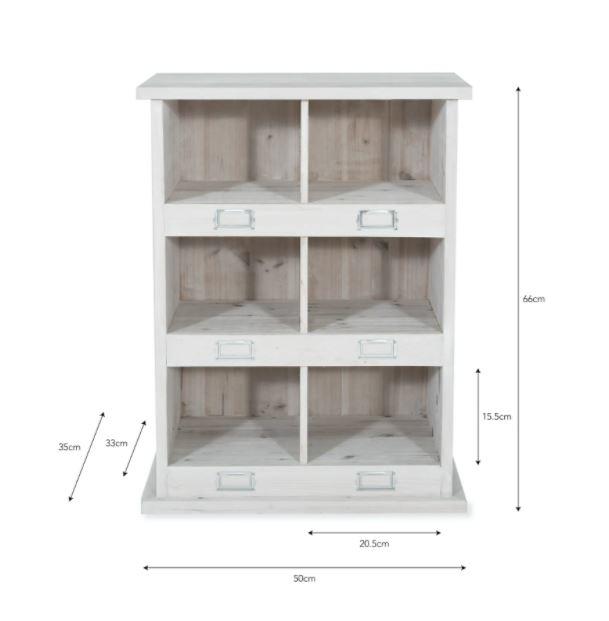 small white wooden shoe locker for 6 pairs of shoes in white wash paint finish