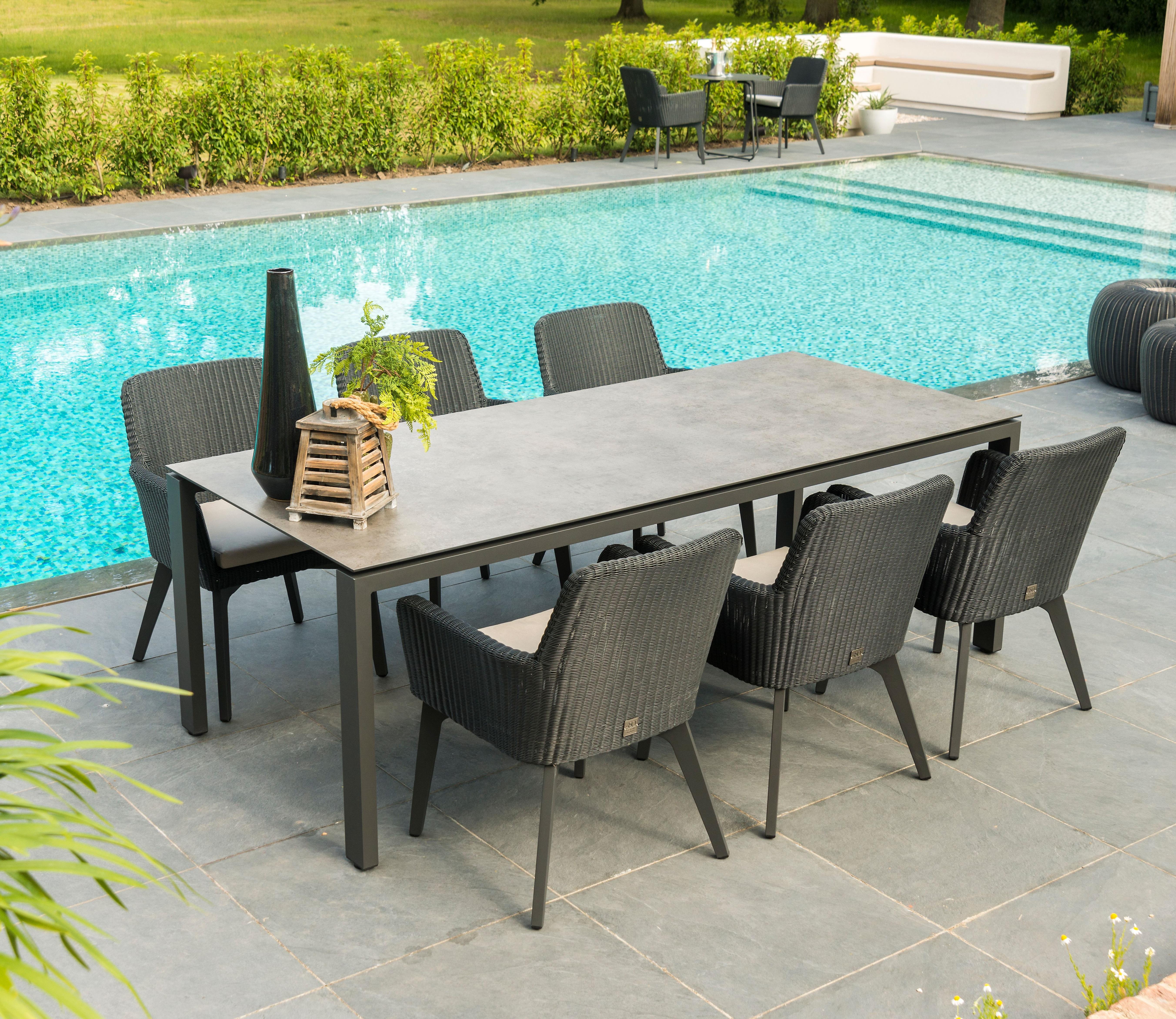 220 cm HPL and aluminium garden modern dining table with rattan grey garden dining chairs
