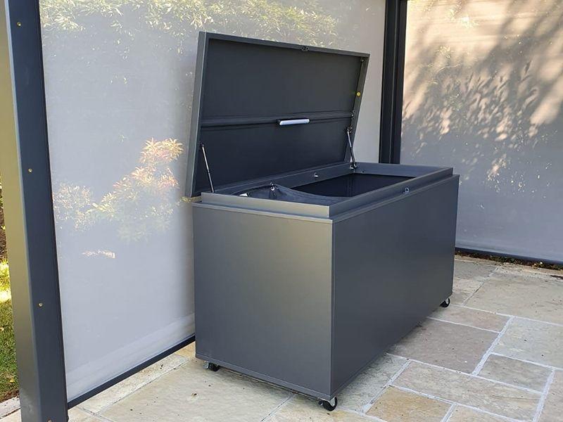 outdoor weatherproof aluminium metal garden storage box for cushions in a gazebo