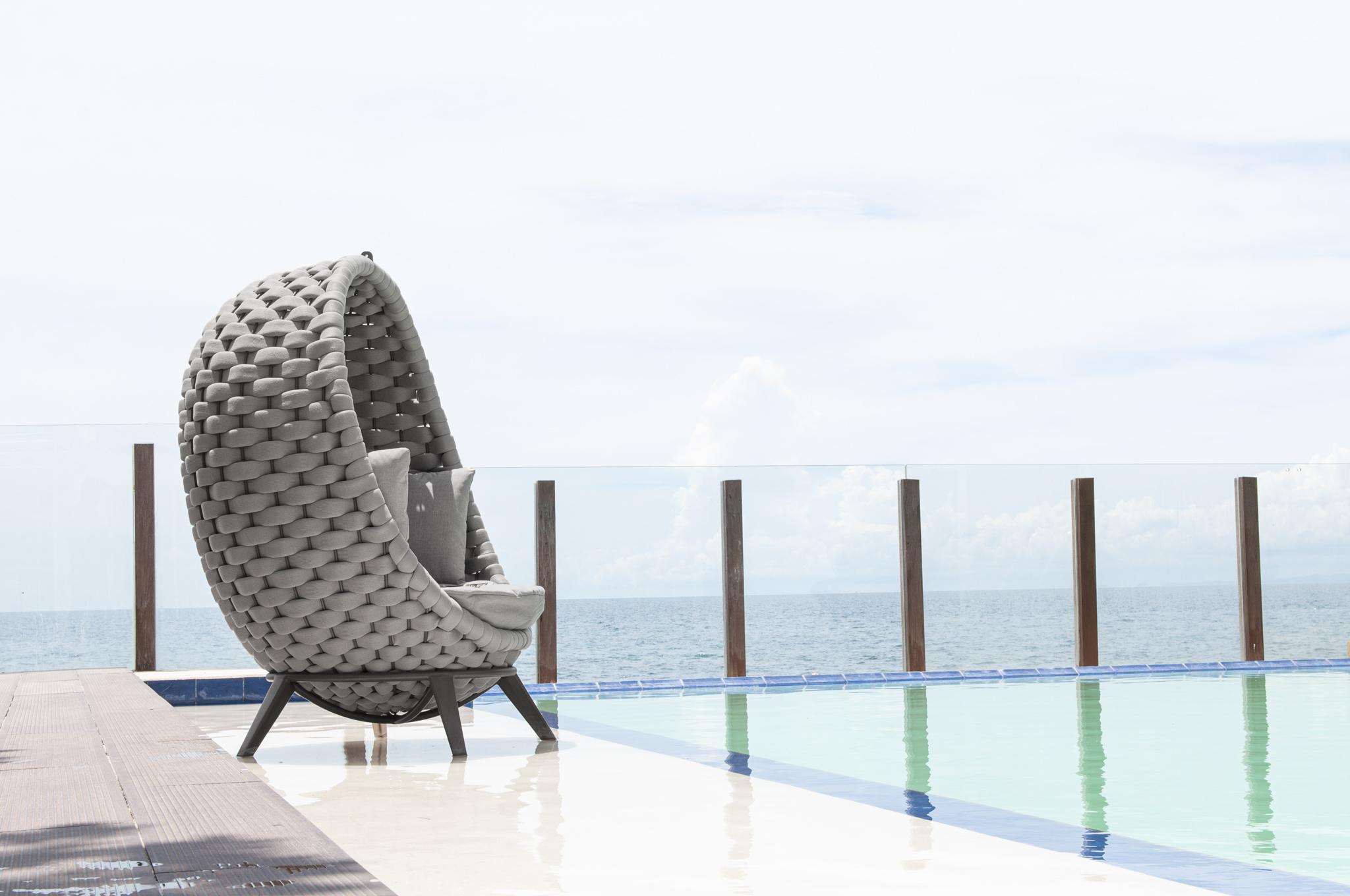 rope chair on aluminium stand weatherproof in charcoal or light grey