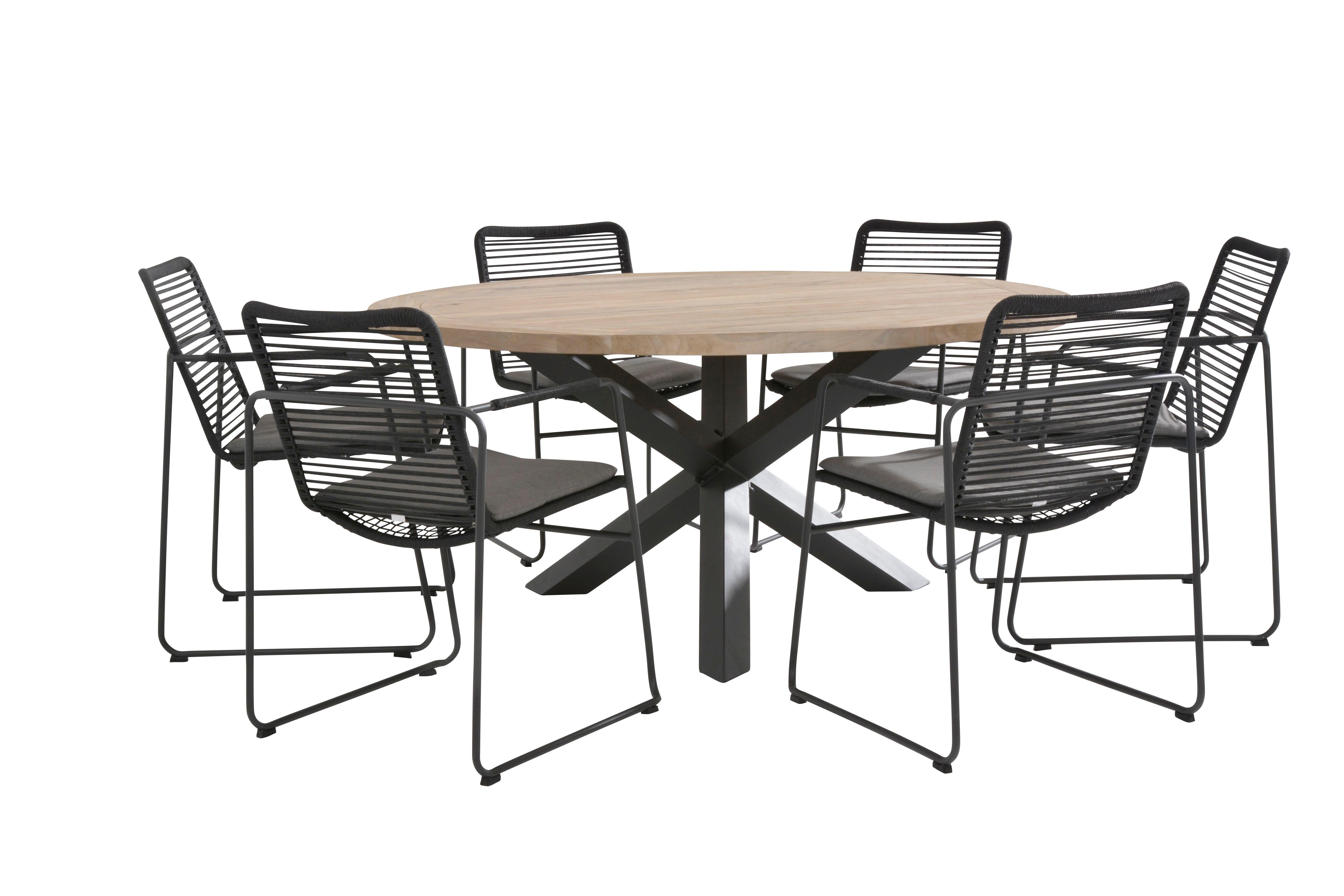 cut out set of round 160 cm teak garden dining table and 6 rope weave and aluminium patio garden dining chairs