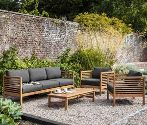 modern garden lounge sofa and armchairs set in acacia wood with dark grey shower proof cushions
