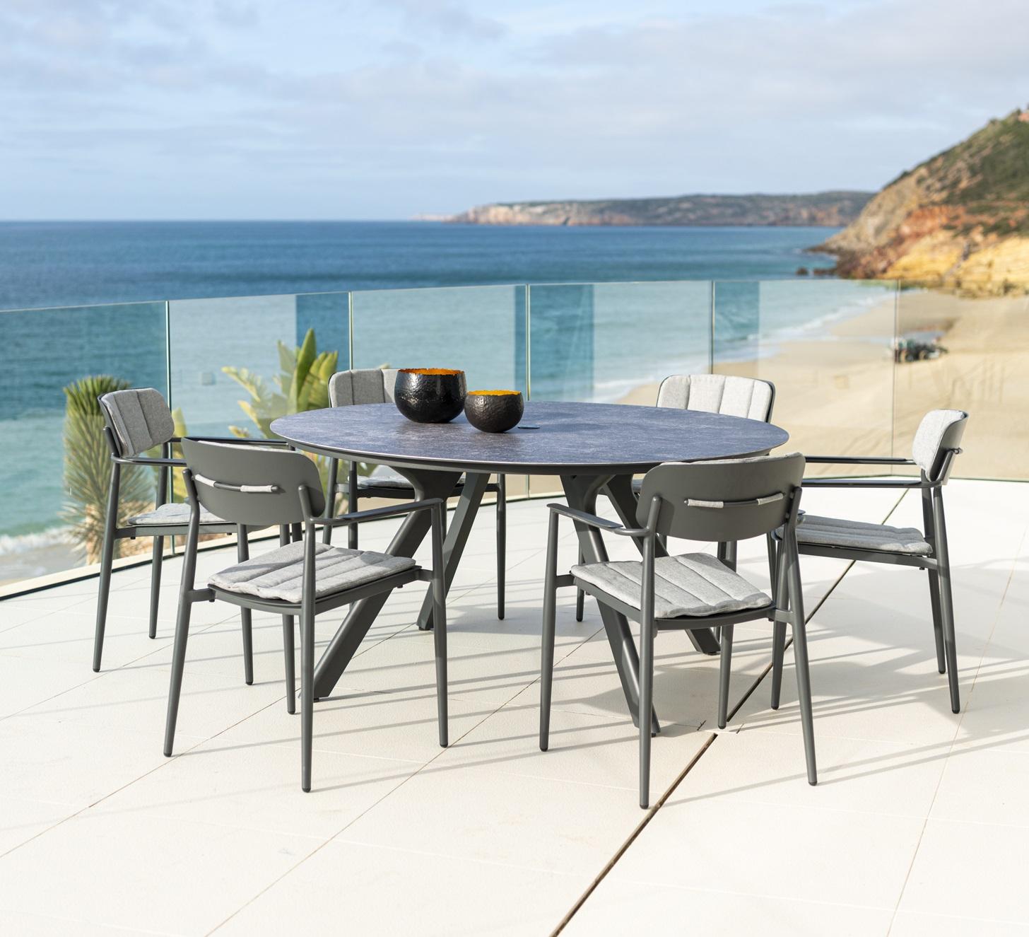 patio circular garden dining table with 6 dining chairs grey aluminium