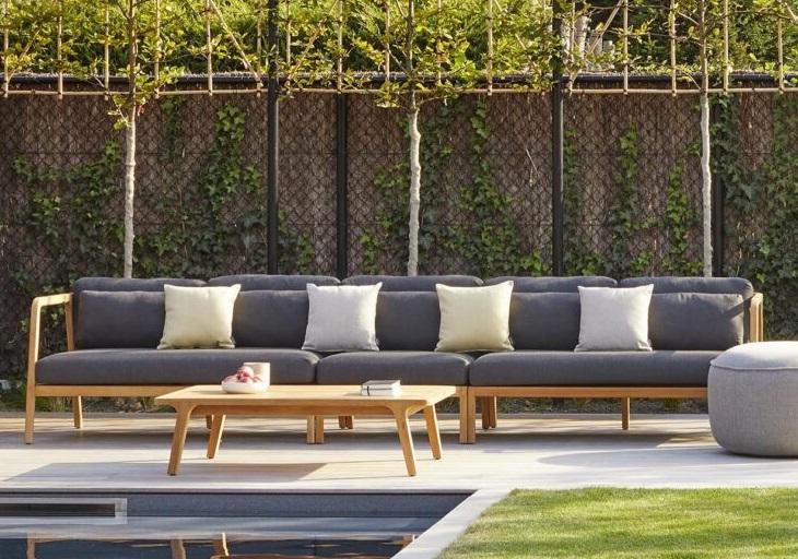 teak modular garden lounge sofa set with grey all weather fabric cushions