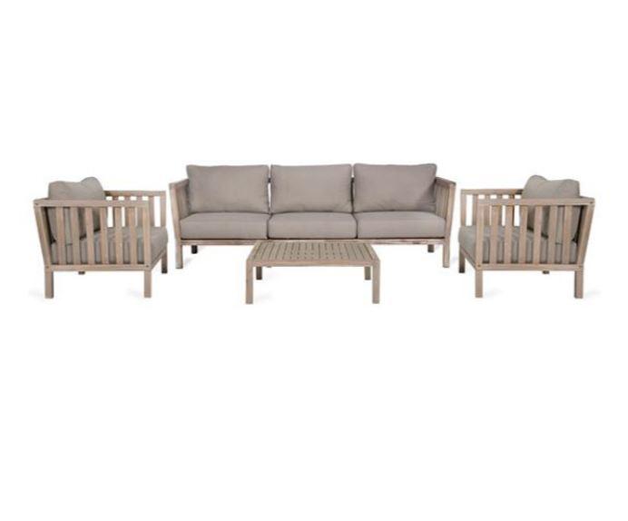 garden lounge set in grey acacia oiled wood of 3 seater sofa and armchairs and coffee table