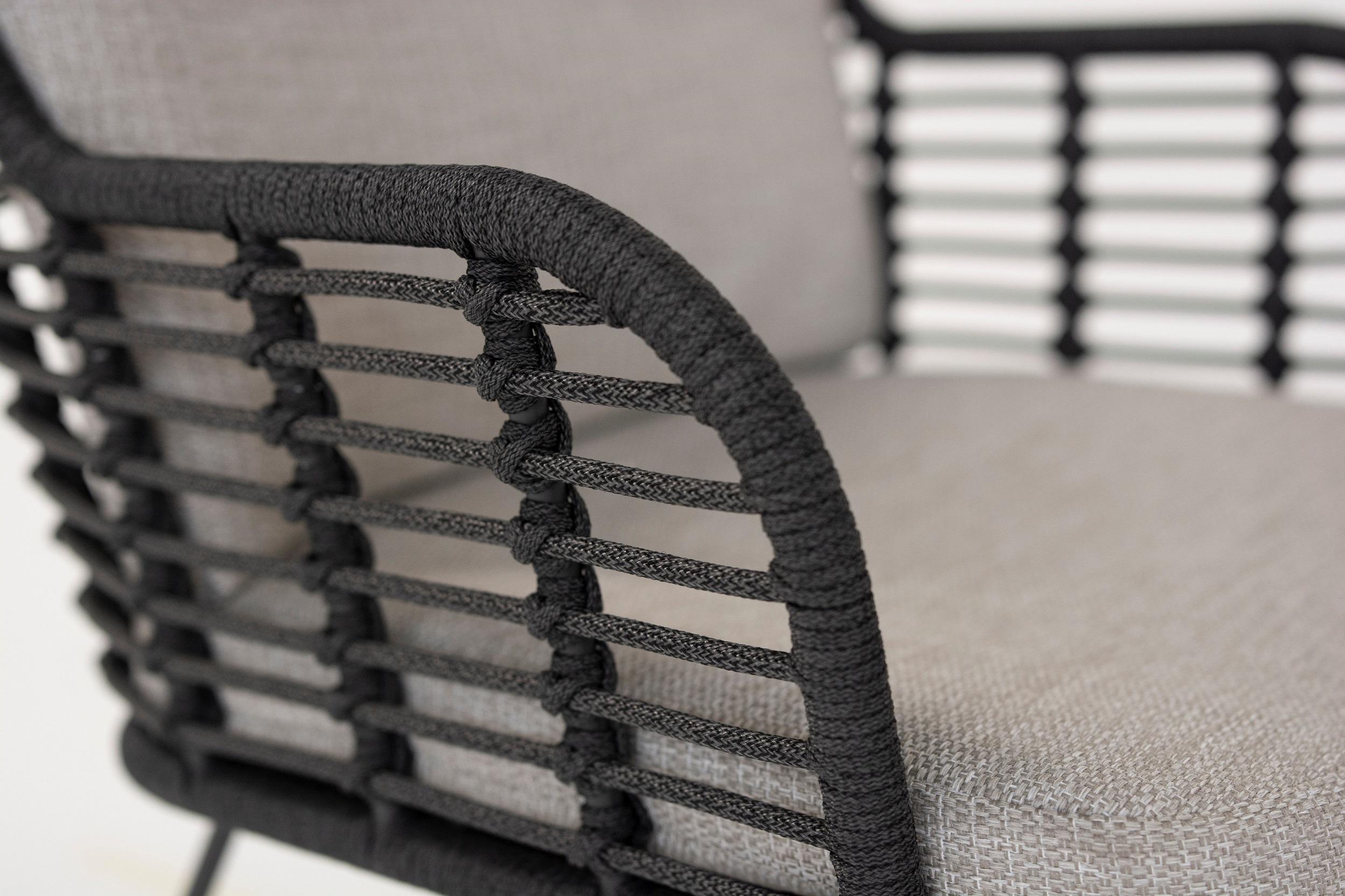 rope weave detail of modern garden patio dining chair with stainless steel slimline frames and light grey all weather cushions