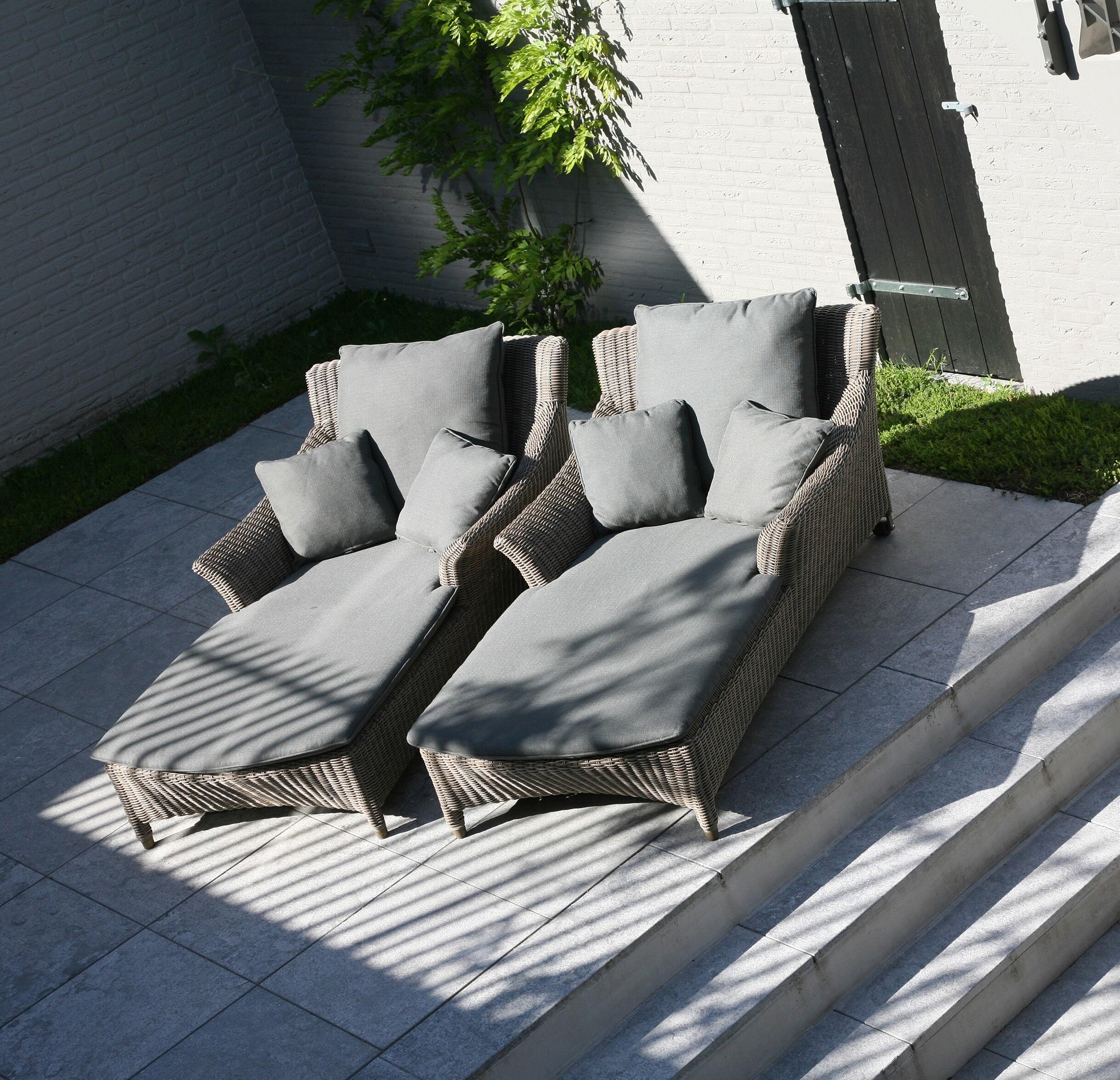 rattan weave single large sun lounger or daybed in weatherproof rattan wicker with grey cushions