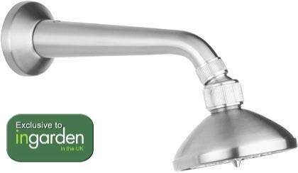 outdoor garden shower compact head and arm in brushed stainless steel modern contemporary wall mounted